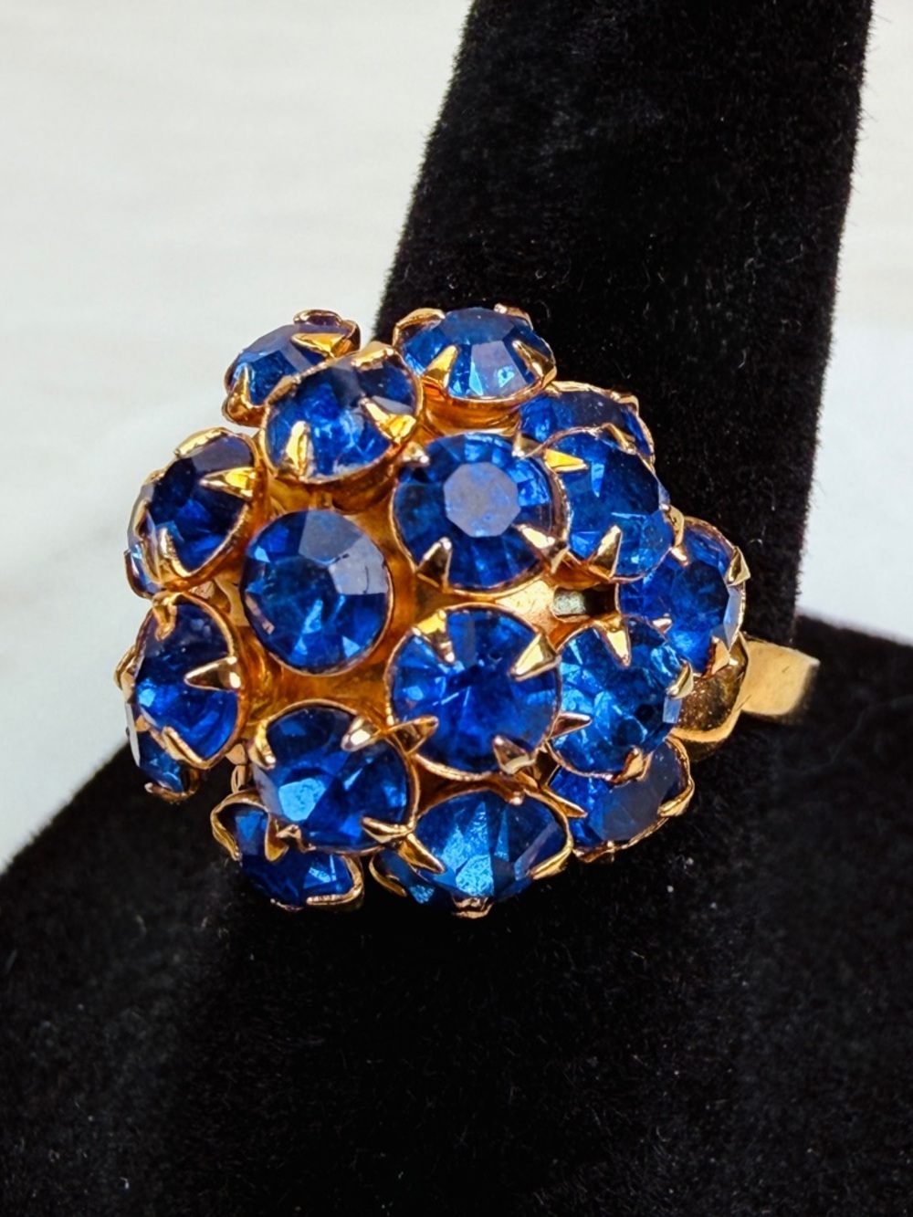 Goldtone Blue Crystal Cluster sz 5.75 Cocktail Ring